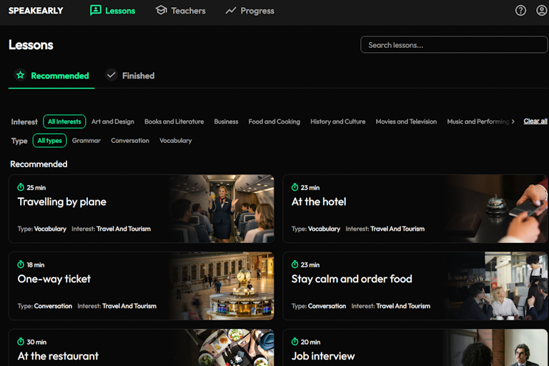 Speakearly lessons library screen